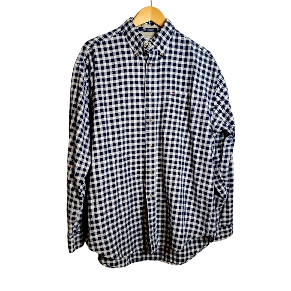 Tommy Hilfiger Blue and White Gingham Print Button Down Shirt Size XL